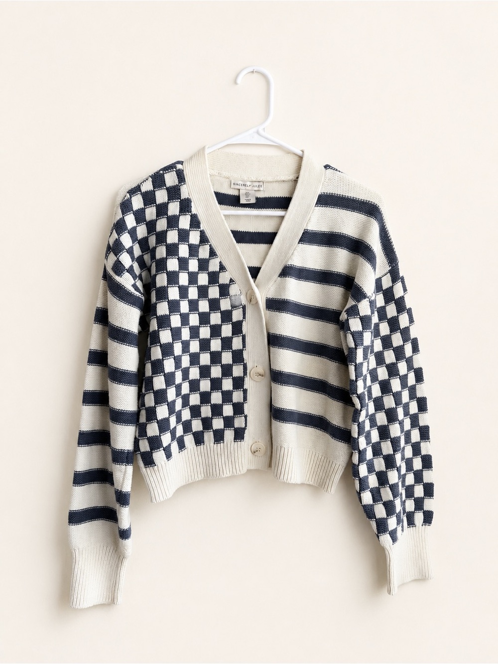 Sincerely Jules Cream & Navy Checkered-Stripe V-Neck Cardigan
